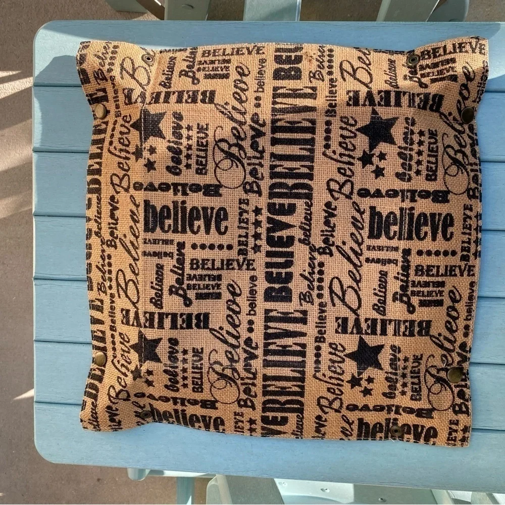 Burlap ‘Believe’ Basket. 10” square. Cute corners with snaps. Many uses 3” tall